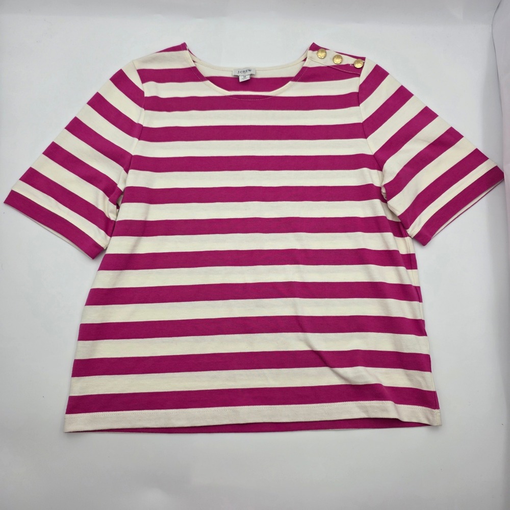 J.Crew Pink White Stripe Top Medium Gold Button Shoulder 100% Cotton Tee